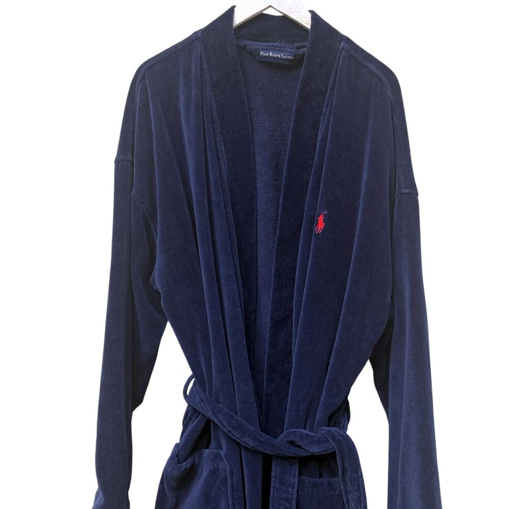Ralph Lauren Navy Velvet Robe with Red Polo Emblem